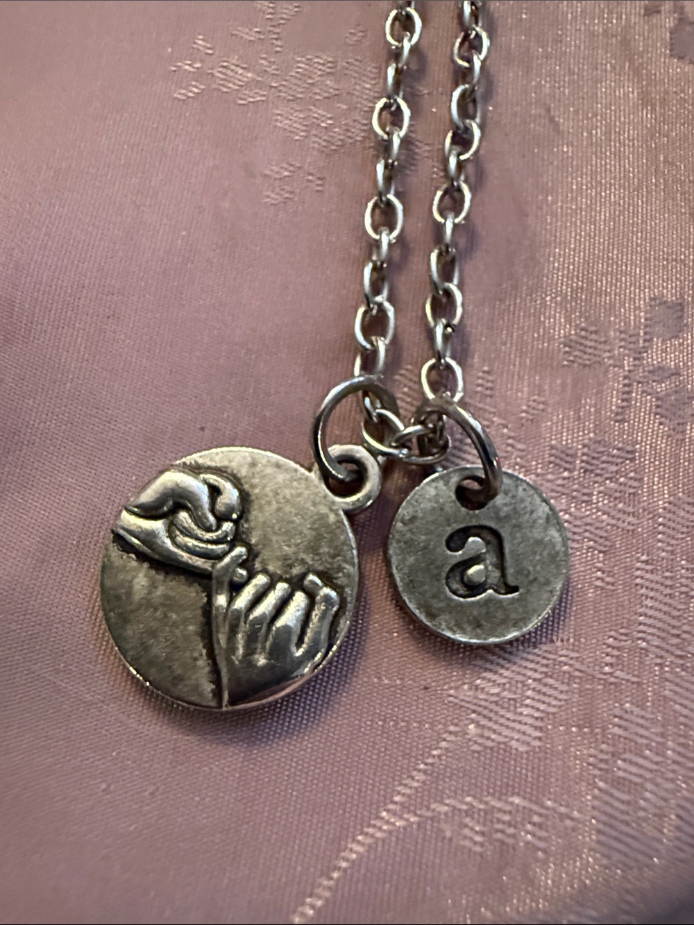 Silver-Tone Hand Symbol Pendant Necklace with 'a' Initial Charm